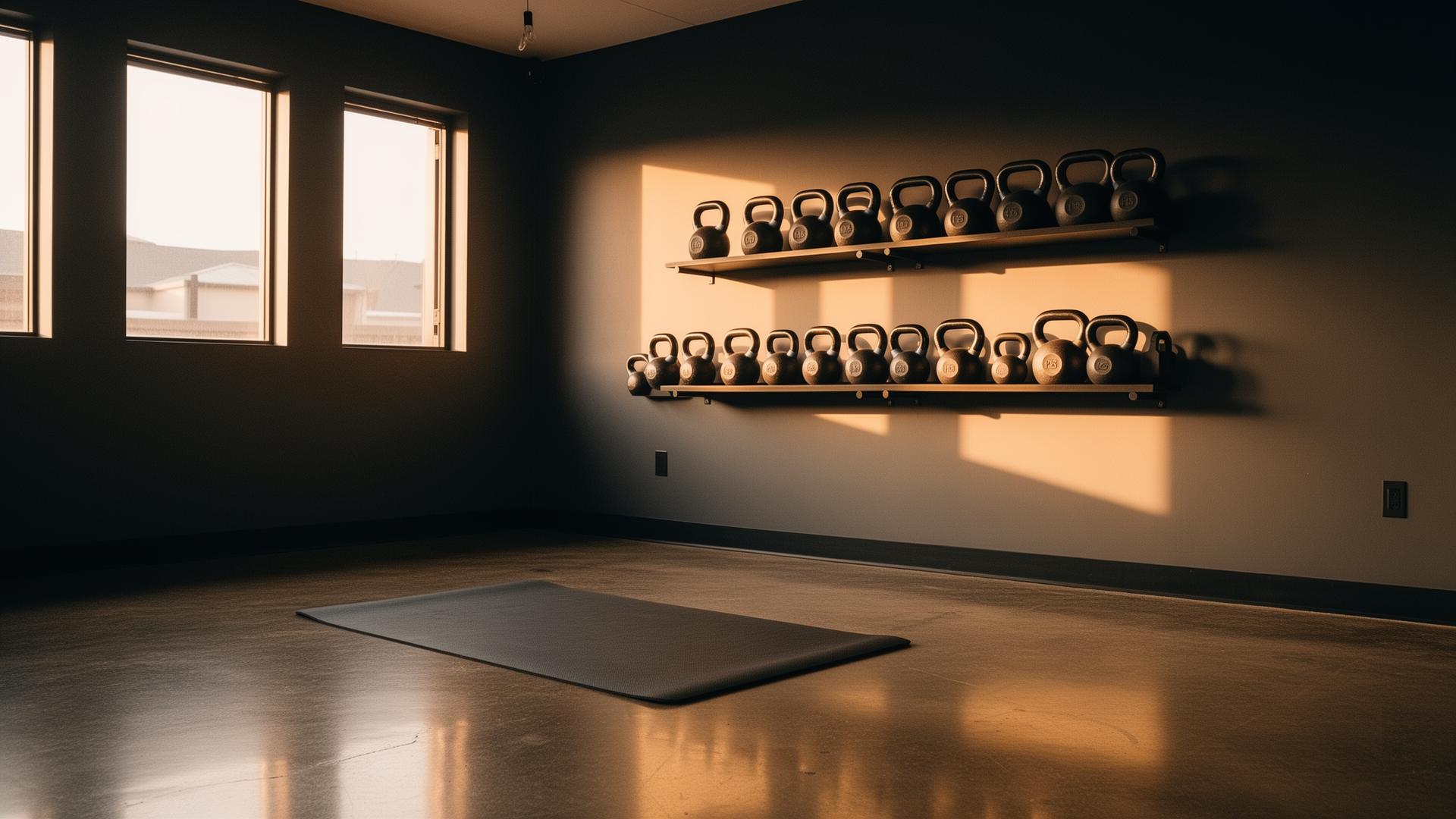 A quiet private training studio at golden hour, with kettlebells on a wall rack and a single mat on the floor