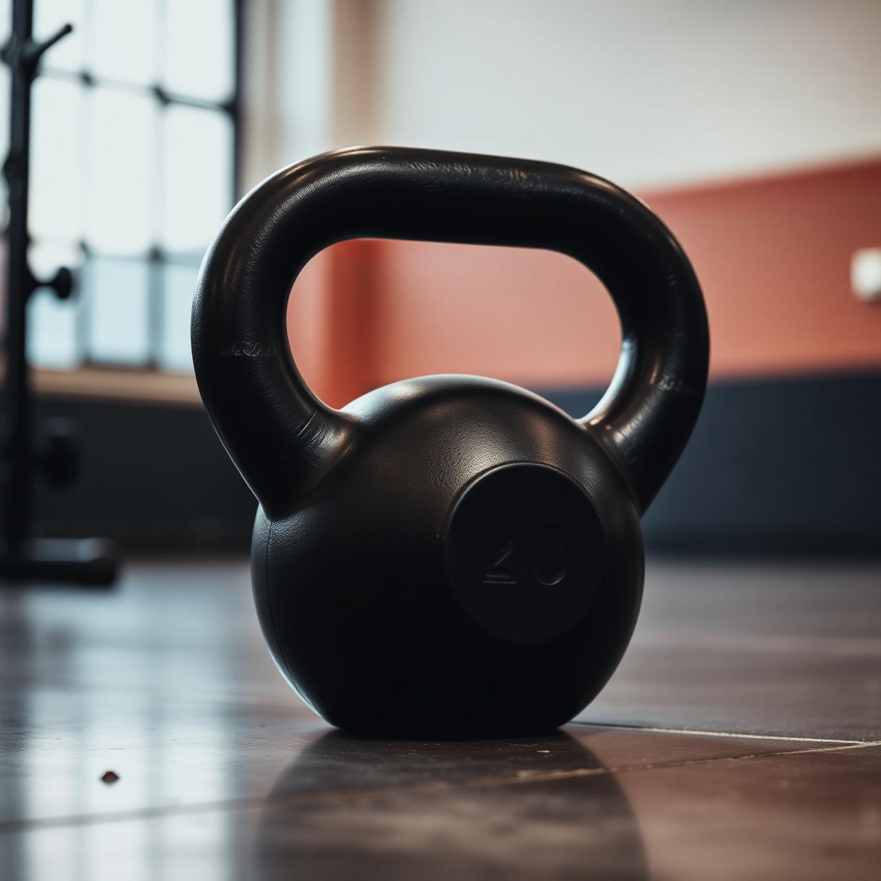A heavy black kettlebell resting on a polished training-floor in soft natural light