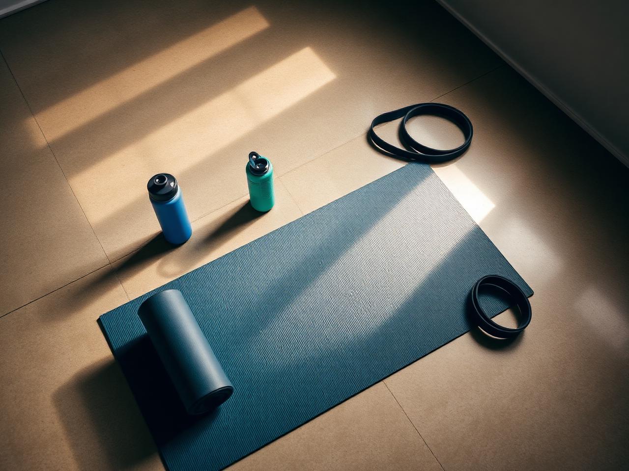 A training mat, foam roller, and water bottles arranged on a studio floor in warm light